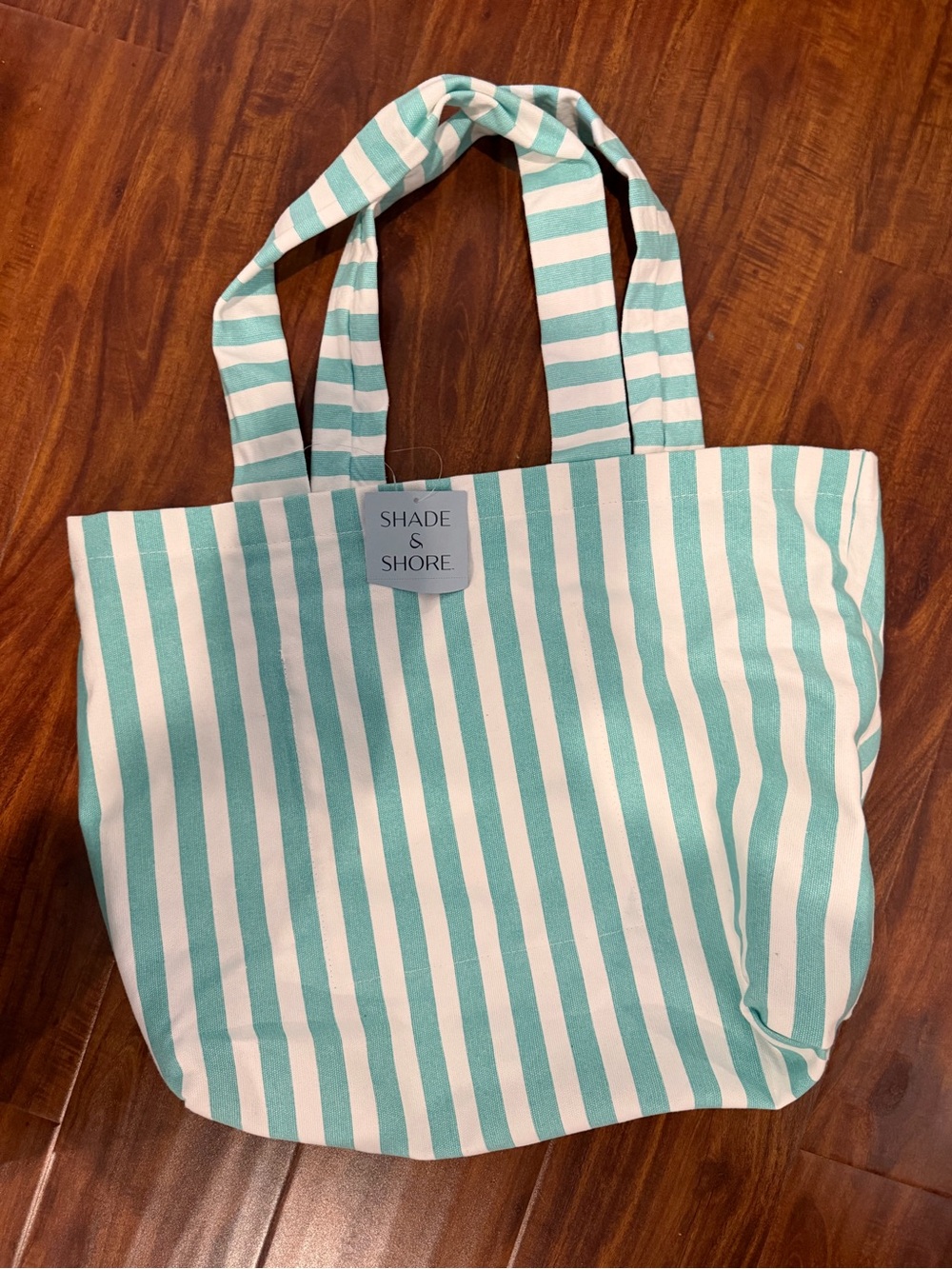NEW Shade & Shore Teal Canvas Beach Thick Stripe Bag w/Handles